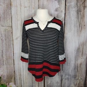 We The Free Red Black and White V-neck Top